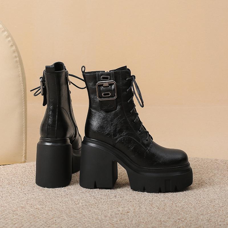 

Autumn New Product Thick Bottom Sponge Cake Bottom High Top Strap up Women s Solid Color Fashion Short Boots 40