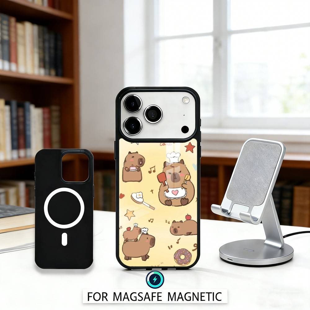 H-Happy C-Cute Capybara Cartoon Phone Case Magnetic For iPhone17 16 15 14 13 12 Pro Max For Magsafe Wireless Charging Cover