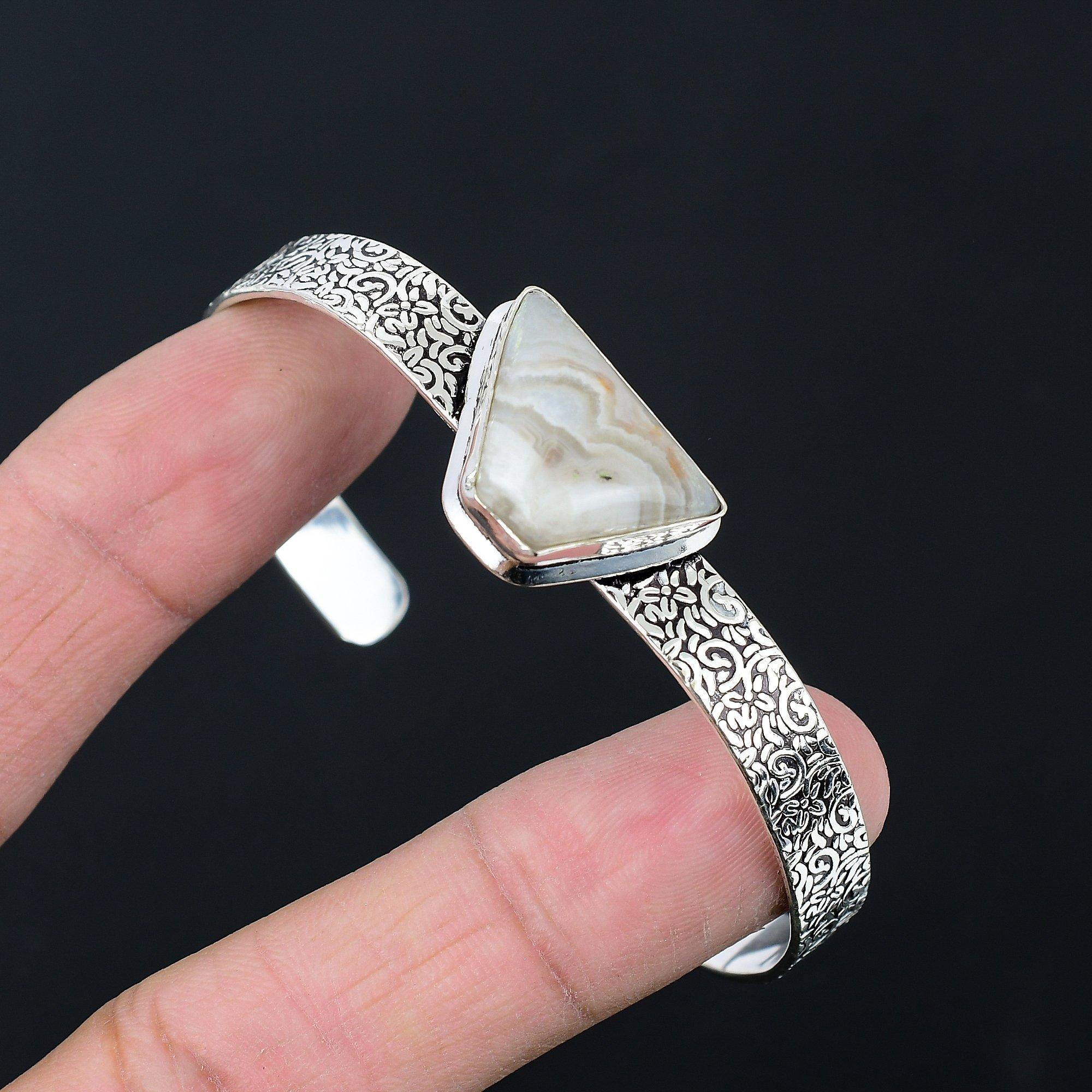 

925 Sterling Silver Trillion Natural Aqua Nevada Agate Handmade Bangle Bracelet Adjustable