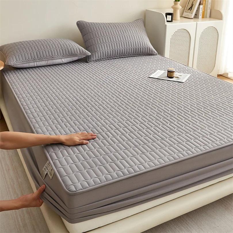 1 PC Waterproof Bedcover Fitted Sheet Bed Mattress Cover Thickened Quilted Soft Comfortable Breathable Solid Color Bedding Mattress Cover