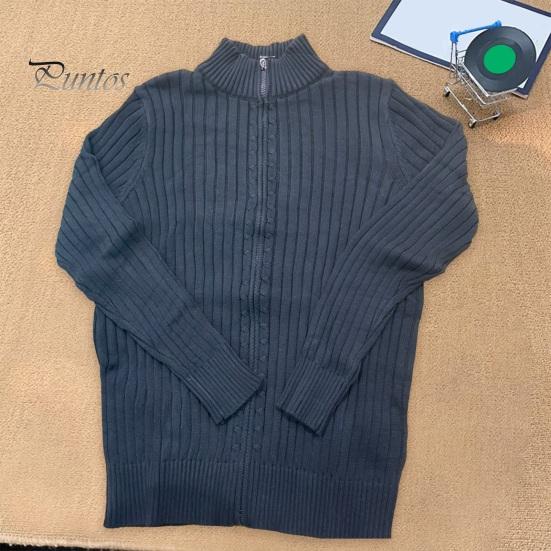 Fall Winter Men Coat Zipper Closure Knitted Cardigan Stand Collar Long Sleeves Solid Color Thick Elastic Loose Striped Texture Daily Wear Knit Jacket