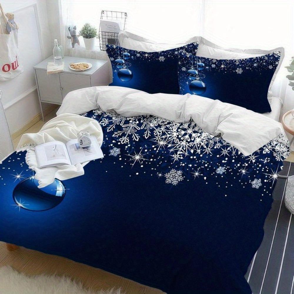 3pcs Blue Beding Set Snowflake Printed Cozy Soft Duvet Cover King Quen Twin Sized Dimensions Birthday Gift Christmas Gift Bedrom Decor