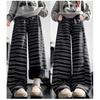 Women's Autumn Winter Fleece Lined Striped Curved Pants High Waist Slim Casual Straight Leg Floor-length Loose Wide-leg Trousers
