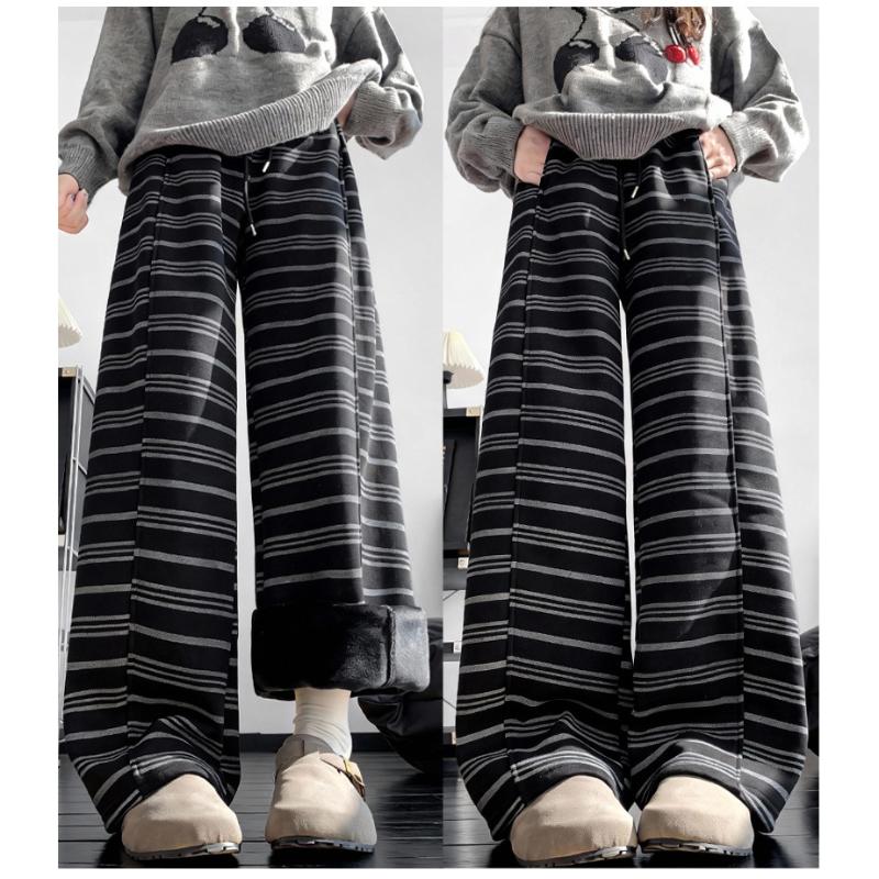 Women's Autumn Winter Fleece Lined Striped Curved Pants High Waist Slim Casual Straight Leg Floor-length Loose Wide-leg Trousers