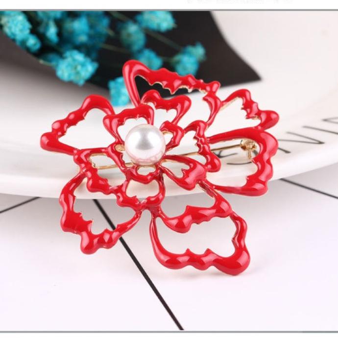 Chinese Style Retro Oil Drop Pearl Red Flower Brooch Brooch Corsage Temperament Pin Exquisite Hypoallergenic Luxury Enamel Brooch Long-Lasting Color