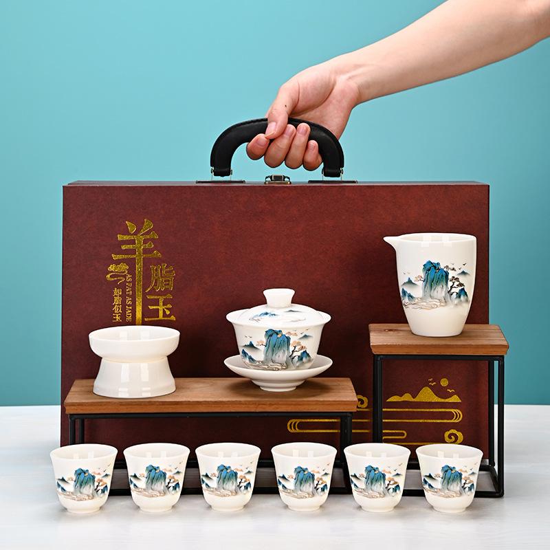 Dehua Suet Jade Porcelain Kung Fu Tea Set Gift Box, Thousands of Miles of Jiangshan, the Whole Set of Activities Accompanied by Hand Gifts