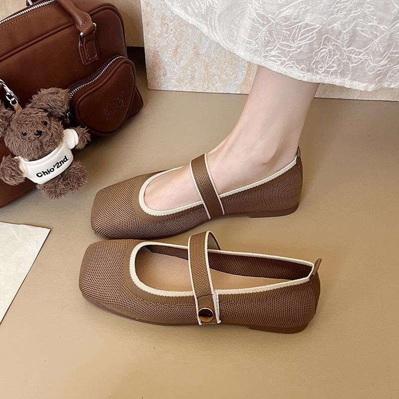 Fashion 2025 New Mary Jane Shoes Woman Summer Autumn Leisure Flats Breathable Knitted Square Toe Female Daily Walking Driving Flat Shoes