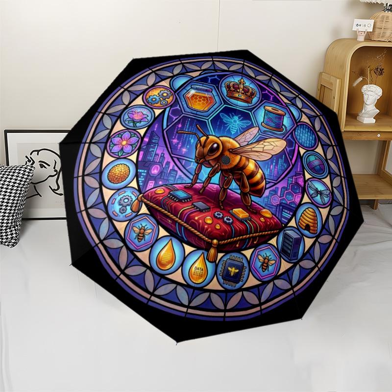 Cybernetic Moth Mandala pattern umbrella, portable and foldable design, 8 ribs, a casual accessory for Halloween, Christmas, and birthday gifts.