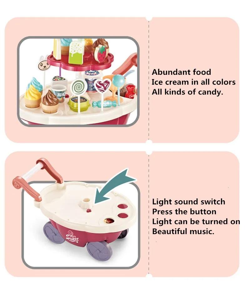 Montessori Toddler Toys Food Ice Cream Kitchen Toys Pretend Play Ice Cream Cart with Storage Trolley Toy Set for Children Gifts