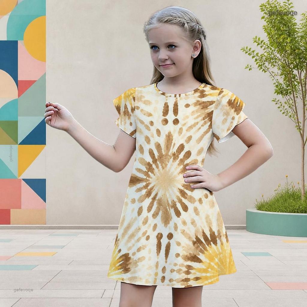Girls Round Neck Flutter Sleeve A Line Abstract Printed Dress