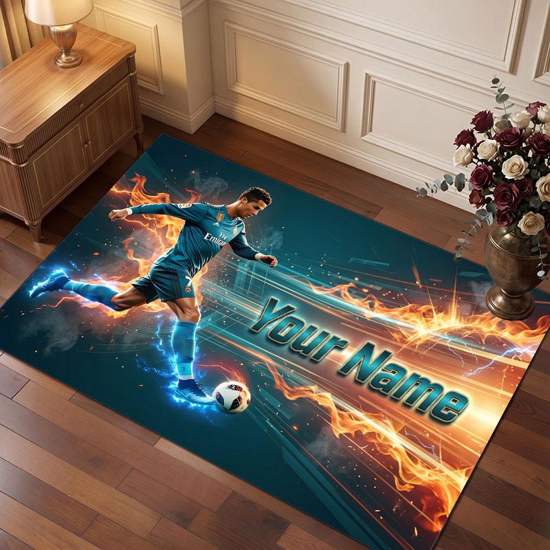 Cristiano Ronaldo Custom Crystal Velvet Rug, Personalized Name Text Print, Football Logo Soft Non‑Slip Floor Mat Home Decor Gift