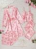 Satin-Pyjama-Set für Mädchen, 4-teilig, mit Schleifenmuster, Nachtwäsche, Bademantel, Cami-Top, Shorts, Hose, 8-12 Jahre, Kinder, Weiches Nachthemd-Set für Schlafzimmer, Geburtstagsgeschenk