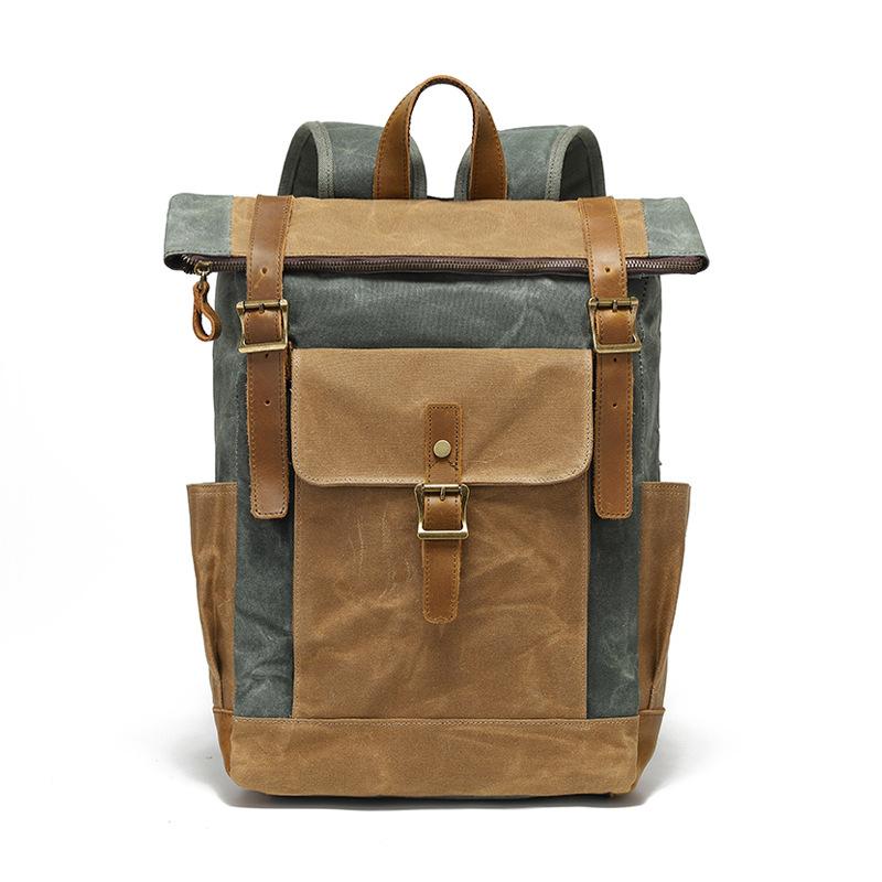 Men's and Women's Backpacks Retro Shoulder Travel Bag Computer Travel Bag Waxed Canvas with Crazy Leather School Bag