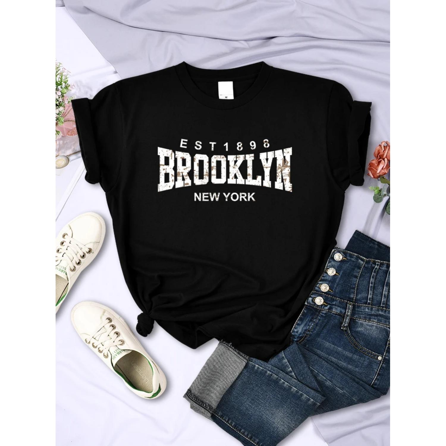 

Brooklyn Est 1898 New York Printed T-Shirt Female Summer Breathable T Shirts Cotton Short Sleeve Street Hip Hop T Shirt Women XXXXXL чорний