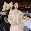 New Chinese heavy industry bead embroidery exquisite round neck short outer mesh splicing long dress two-piece set P7161
