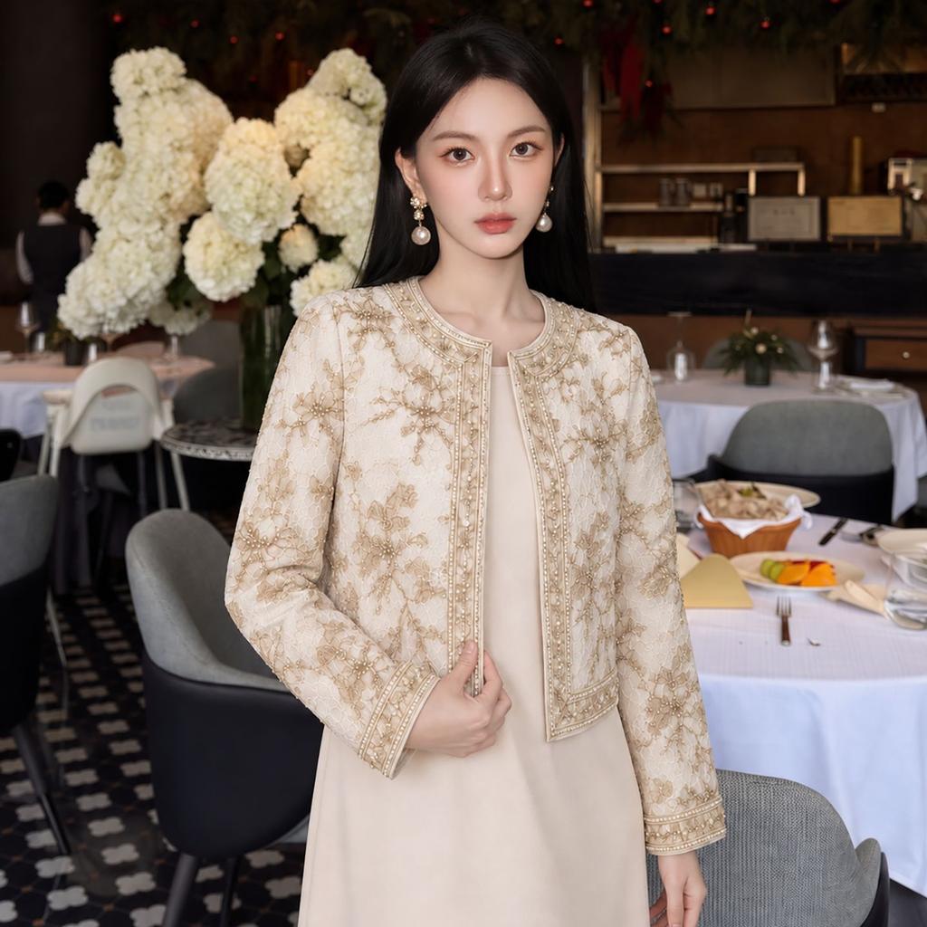 New Chinese heavy industry bead embroidery exquisite round neck short outer mesh splicing long dress two-piece set P7161