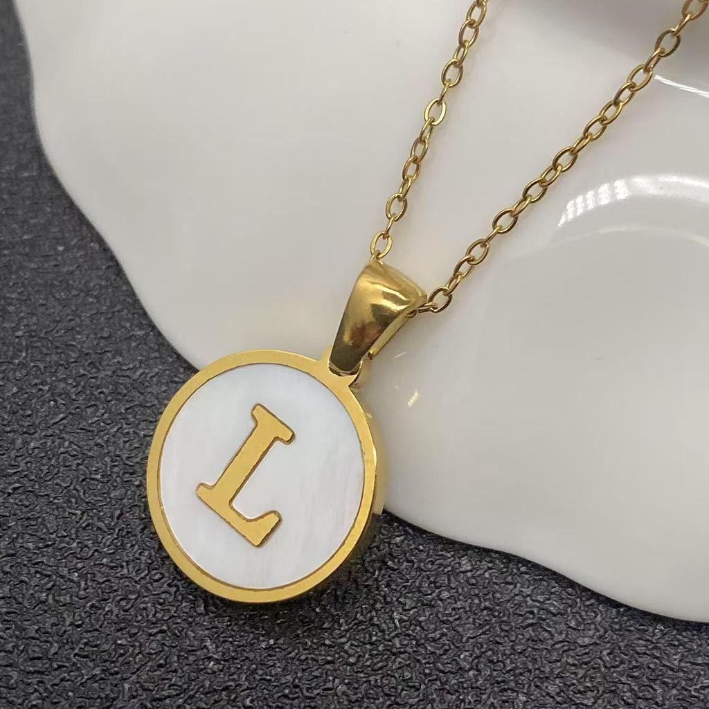 White Stainless Steel Small Round Tag Necklace - 26 Letters, Women's Cold Style Fashion, Versatile Light Luxury, 2025 Collection.