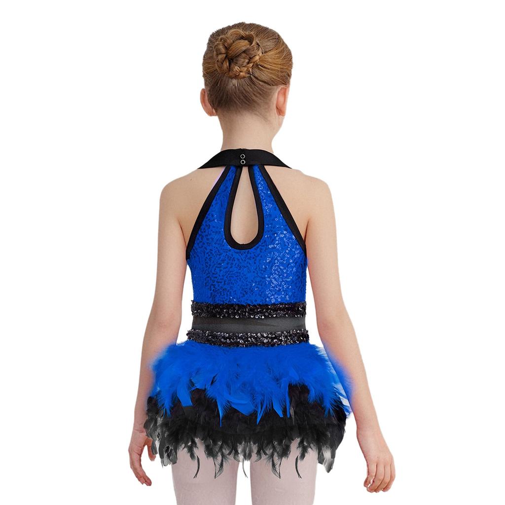 Kids Stage Performance Costume Turn-Down Collar Sleeveless Sheer Mesh Keyhole Back Sequins Leotard