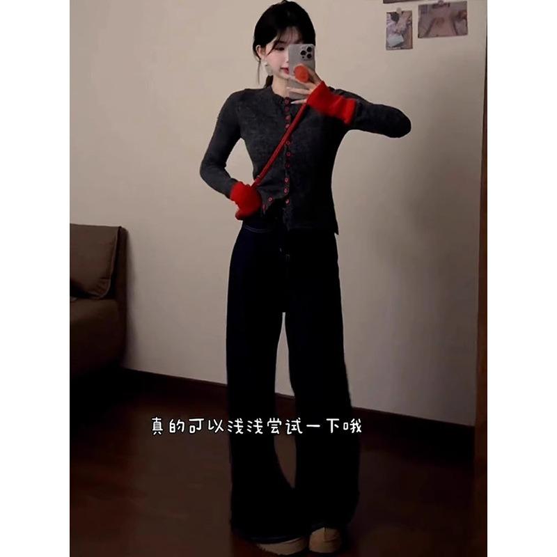 Gray splicing knitted cardigan women's spring design sense niche slim-fit sweater Spice girl with thin top