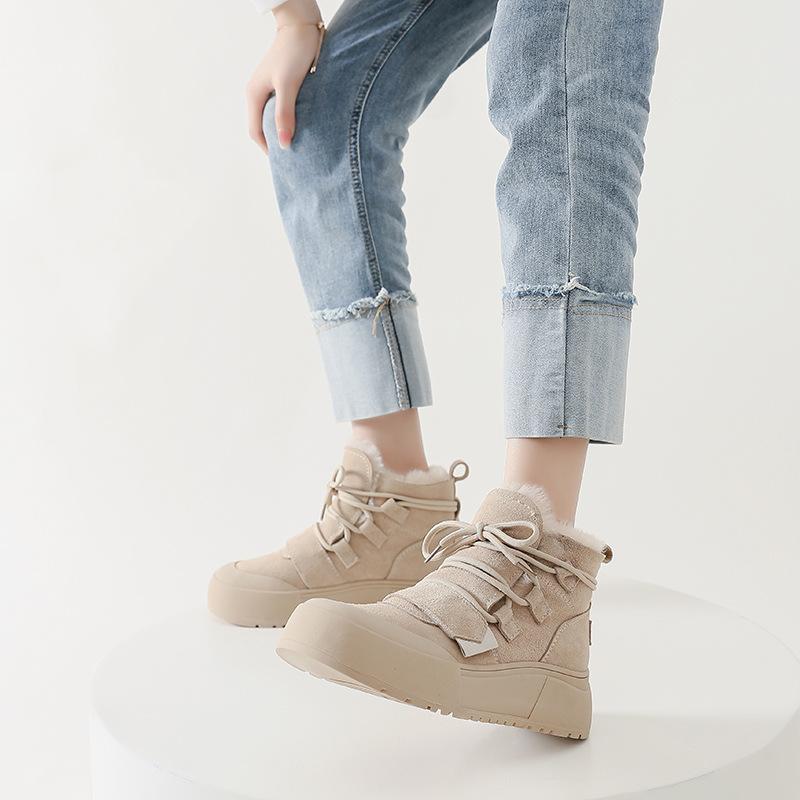 Wool Leather Velvet Snow Boots Women's Winter New Waterproof and Non-slip Thick-soled Thickened Fur Integrated Cotton Shoes Short Boots