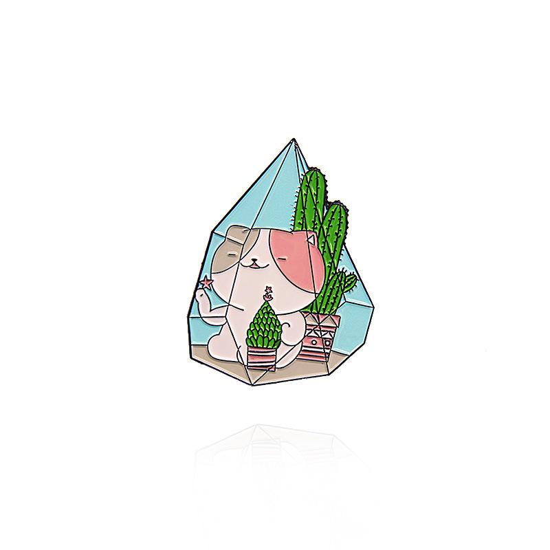 Cute Cat Star-Chasing Cactus Pillow Brooch