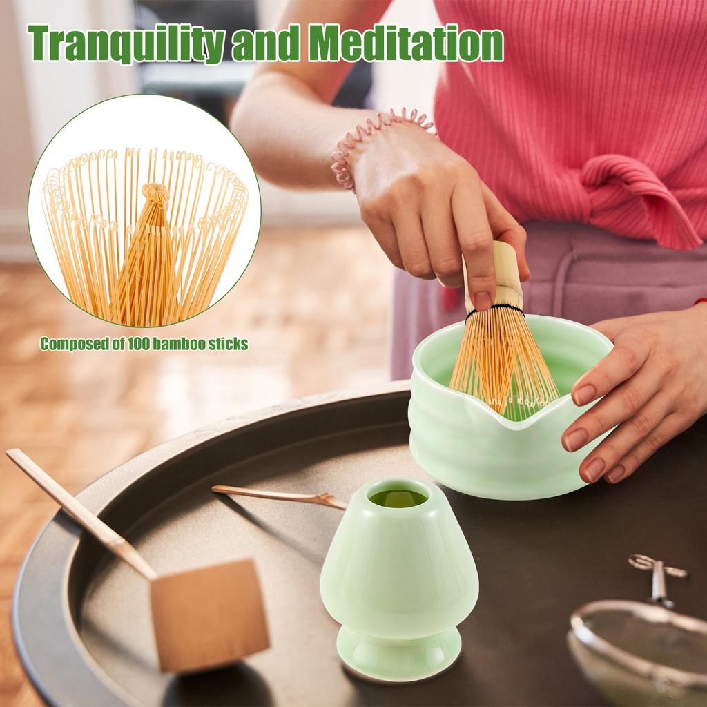 5Pcs Matcha Set Tradition Japanese Matcha Tea Set Whisk Set Ceramic Whisk Holder and Bowl Kit for Cafe Making Matcha Latte Drink
