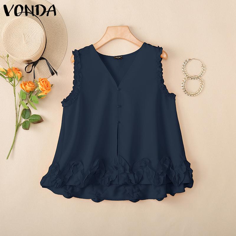 

VONDA Women V Neck Casual Sleeveless Ruffled Hem Tank Tops 4XL темно-синий