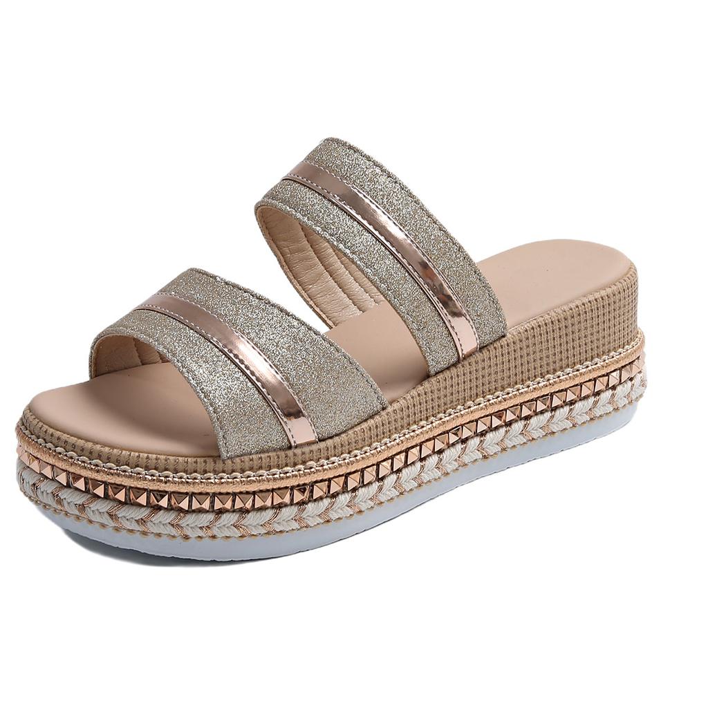 Summer New European and American Women's Large-size Hemp Rope Bottom Muffin Thick-soled Women's Sandals Buckle Wedge Heel Fish Mouth Women's Sandals
