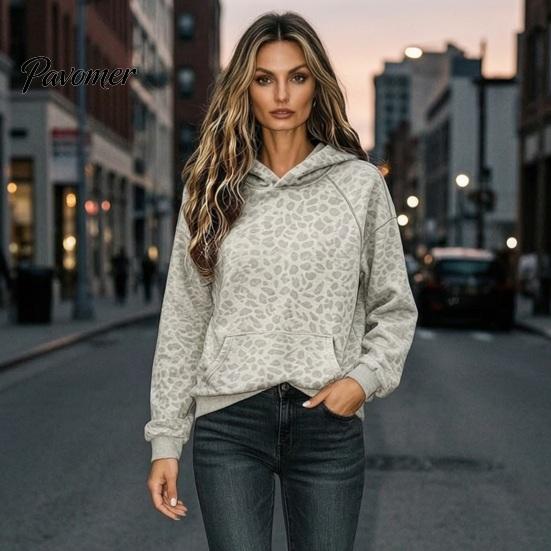 Sweatshirt with Front Pocket Women Leopard Print Hoodie, Oversized Drop Shoulder Hooded Pocket, Hoodie Long Sleeve Loose Casual Pullover Top