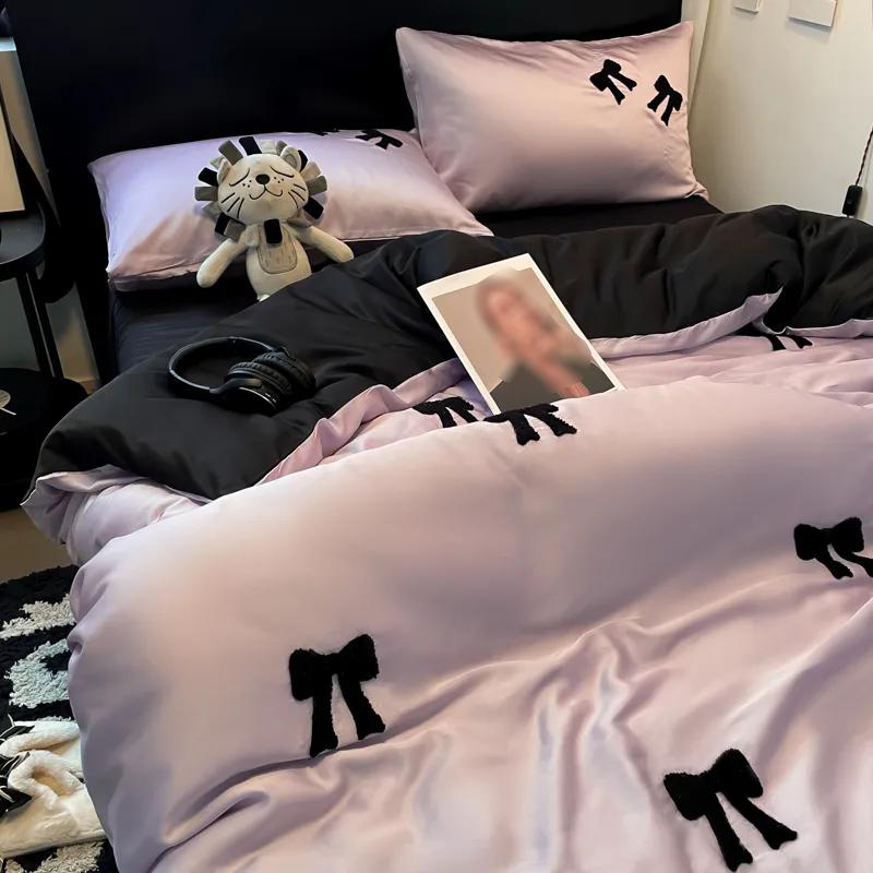 

WTEMPO Ins Ice Silk Four-piece Set Bow Towel Embroidered Quilt Cover Solid Color Female Student Dormitory Bed Sheet Set 150*200cm*4pcs
