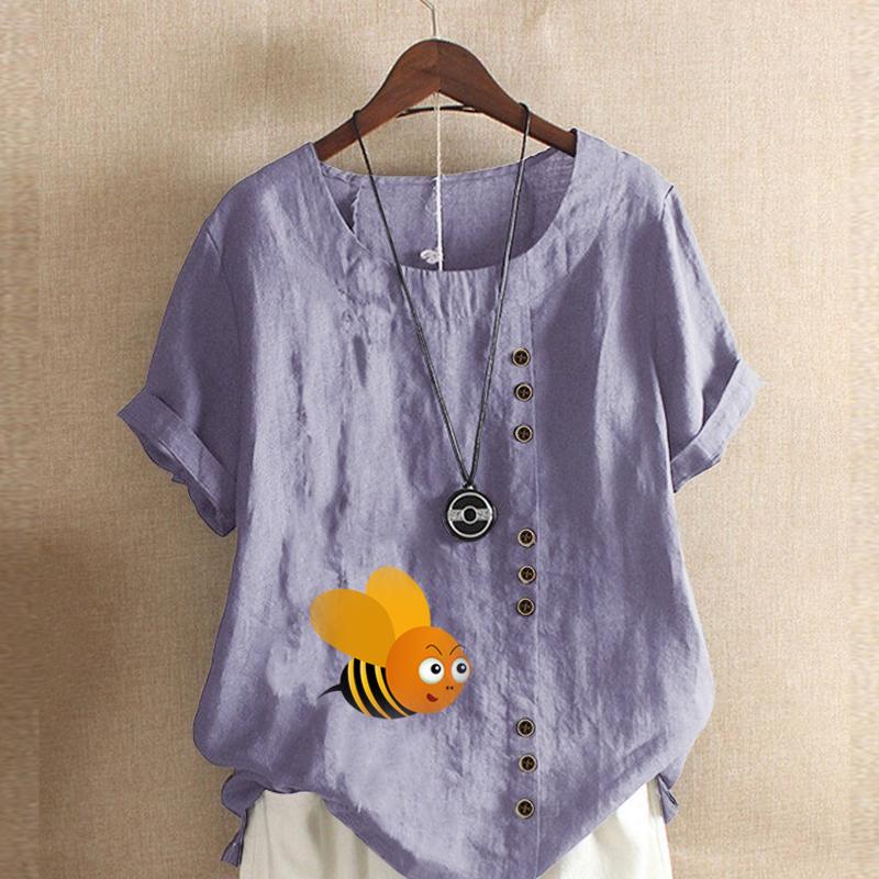 Women's Fashion Round Neck Short Sleeve T-shirt Casual Cotton Linen Graphic Shirt Leisure Loose Honeybee Prined Summer Blouse Tops