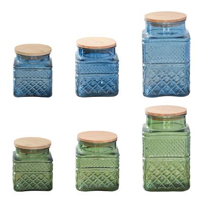 Glass Storage Jar With Bamboos Lid For Kitchen Organization And Decoration Geometric Pattern Cookie Canister
