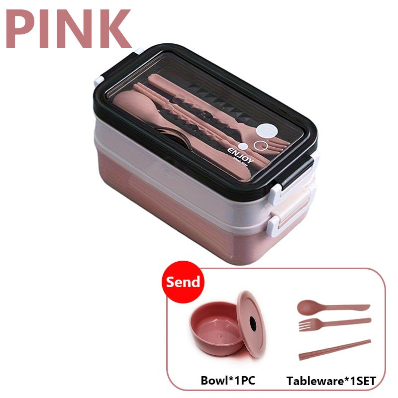 School start season double-layer microwave oven lunch box, including soup bowl, knife, fork and spoon, school lunch box