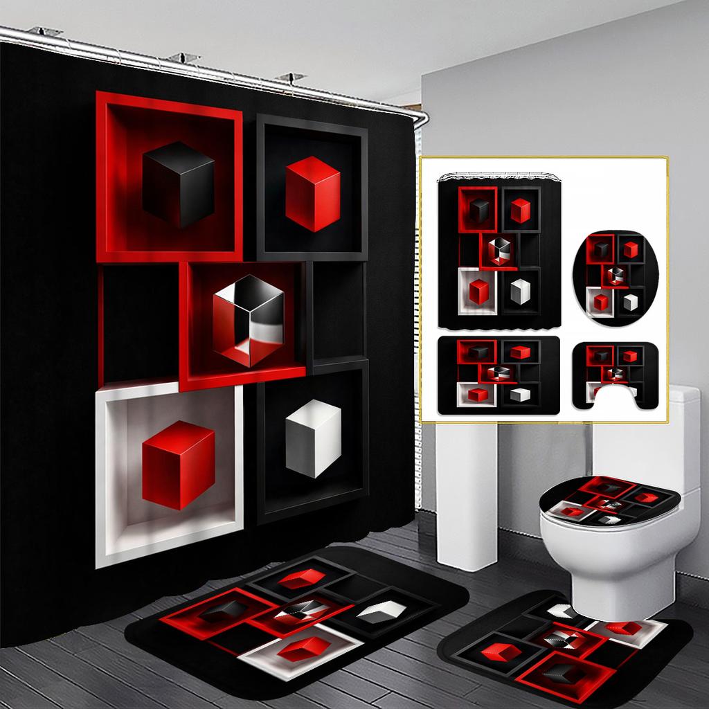 4-teiliges Geometrisches Würfel Duschvorhang-Set mit rutschfester Badematte, Toilettendeckelbezug, Kontur-Teppich & 12 Haken, Badezimmer-Dekoration