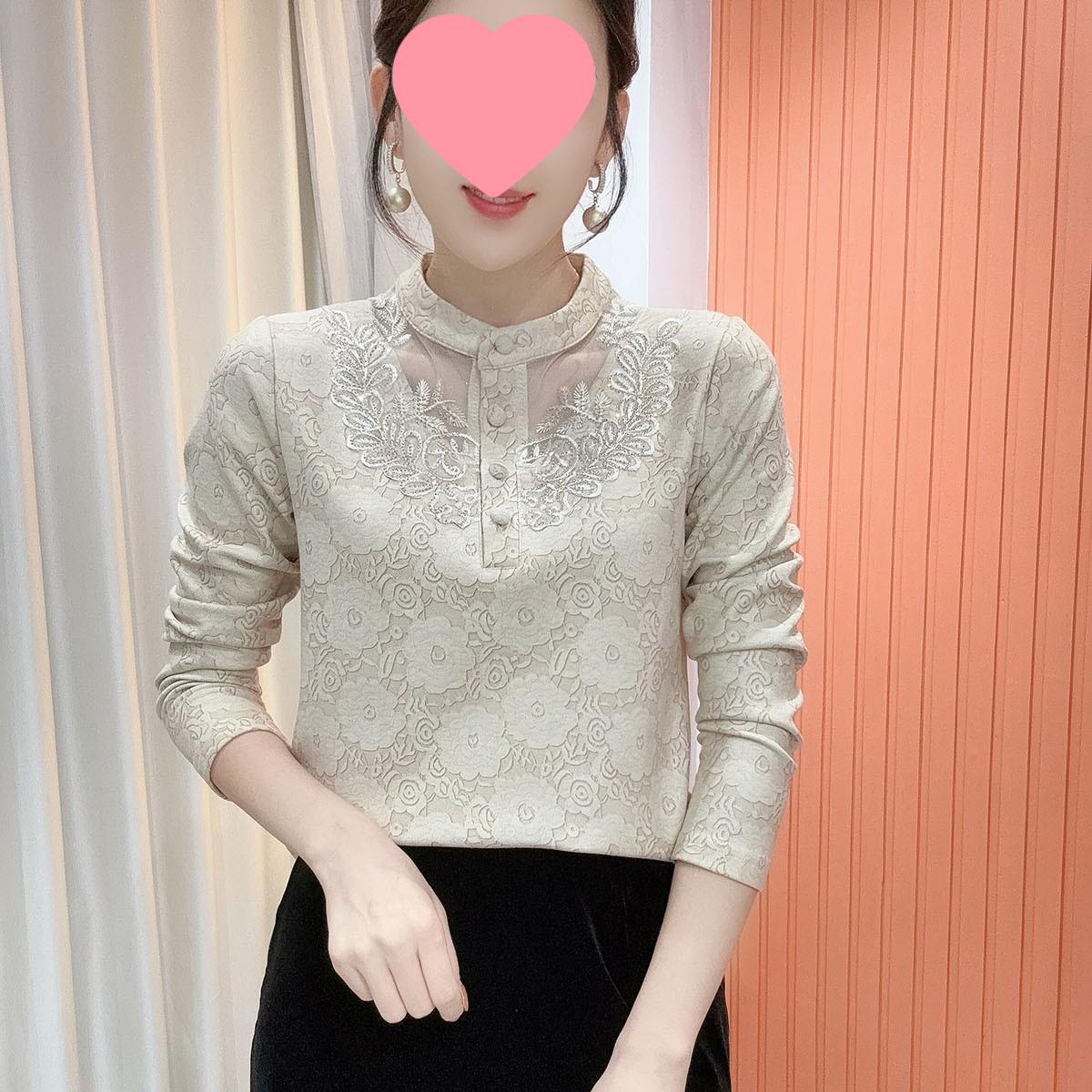 

2025 Yellow Winter Lace Stand Collar Long Sleeve Elegant Base Layer Top for Women 6XL (75-80kg) кремовый