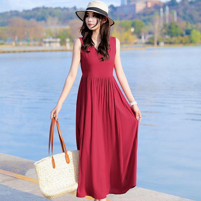 New Women's Summer Sleeveless French Silk-Cotton Beach Dress