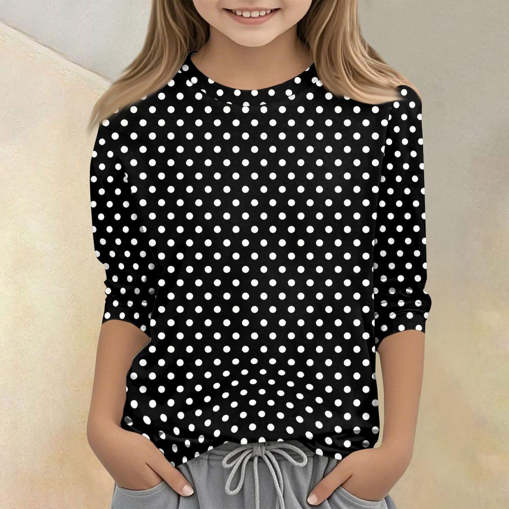 Kids Polka Dot Print Crew Neck Three Quarter Sleeve Casual T Shirt Lightweight Soft Fabric Comfortable Fit for Everyday Wear