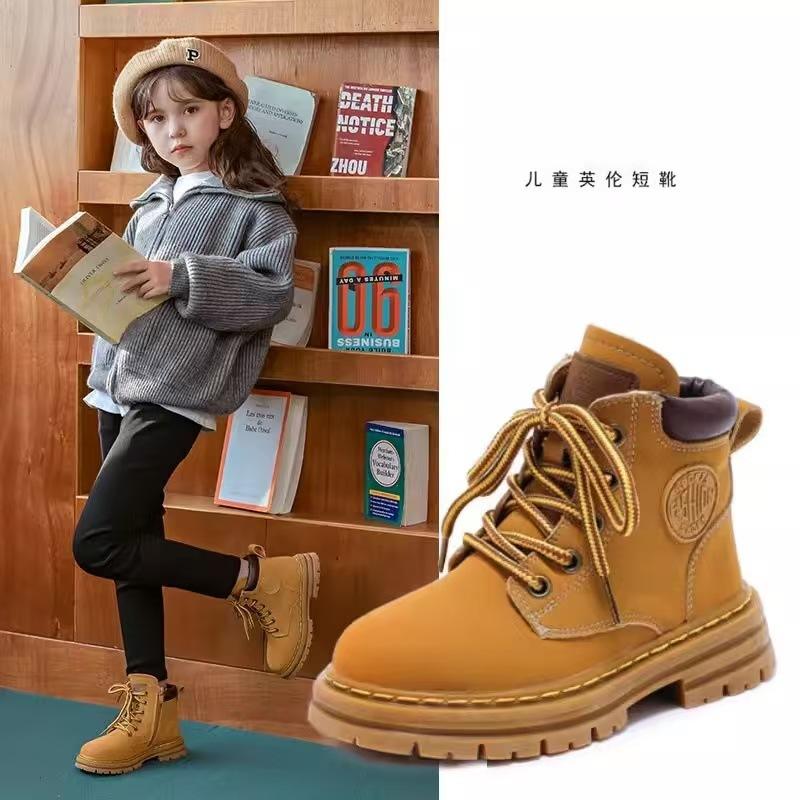 Children's autumn and winter short boots 2025 new girls leather boots boys single boots rhubarb boots British style velvet Martin boots