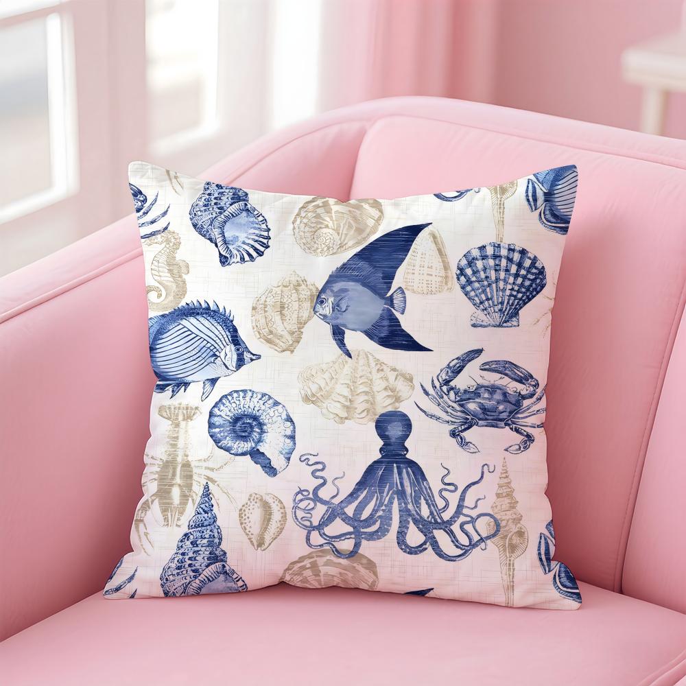 Marine Theme Rudder Anchor Animals Cushion Cover Pillow Case Soft Friendly Fabric  Concealed Zipper