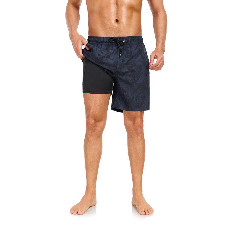 Men's Double-Layer Printed Beach Shorts Drawstring Swim Trunks