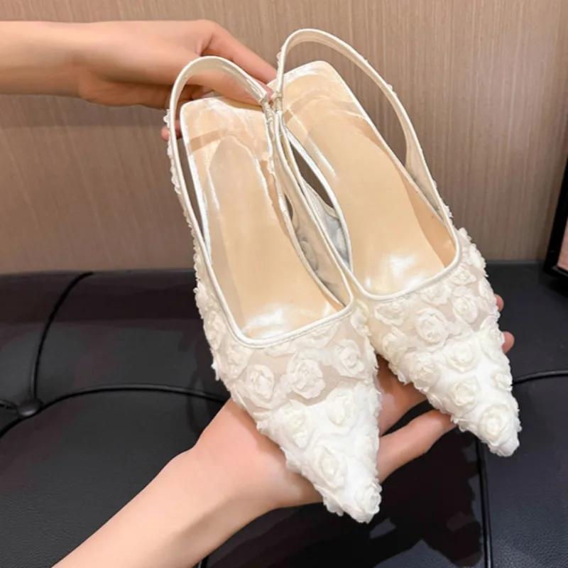 New Summer Mesh Lace Transparent Head Fine Kitten Heels Women Wear Pointed Toe Shallow Mouth Non-slip Sandals