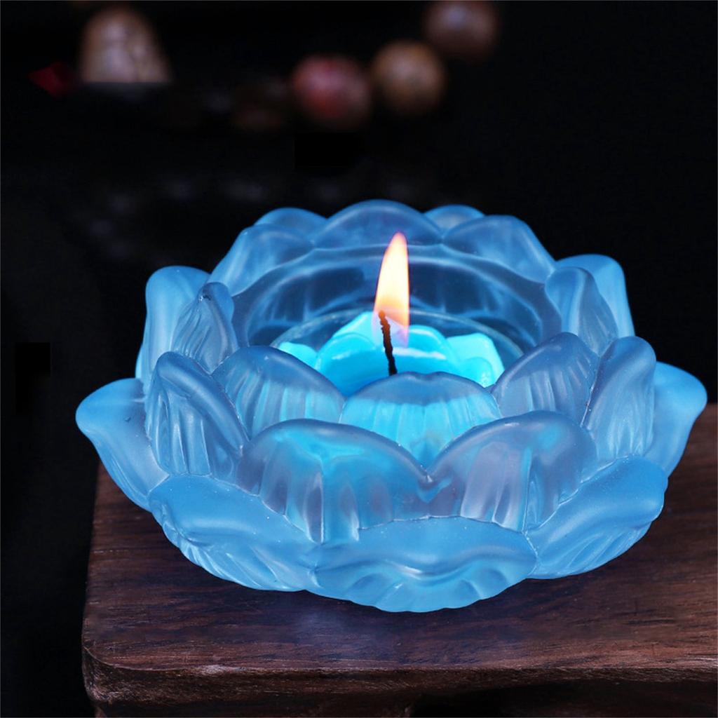 7 Colors Crystal Glass Lotu Flower Candle Tea Light Holder Buddhist Candlestick