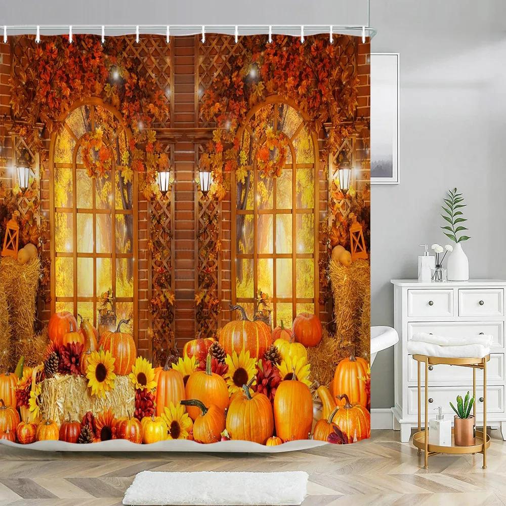 Fall Thanksgiving Shower Curtains for Bathroom Autumn Farmhouse Red Truck Maple Leaf Washable Fabric Bath Curtain Bathroom Decor
