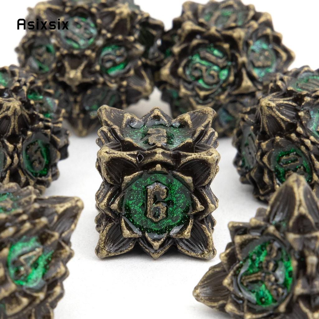 7 Pcs Copper Green Lotus Flower  Metal Dice Solid Metal Polyhedral Dice Set Suitable for Role-Playing RPG  Board Game Card Game