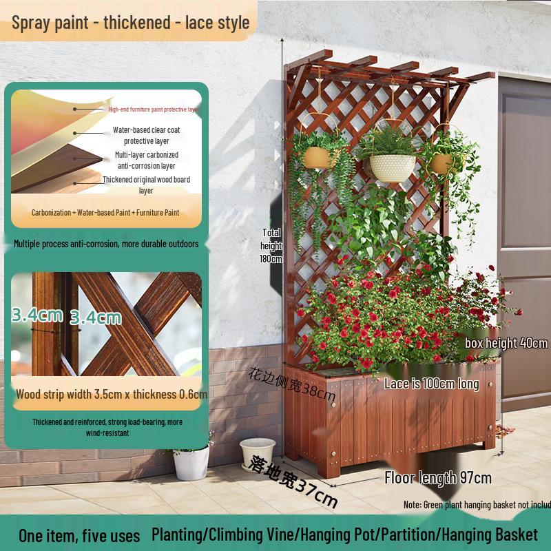 Carbonized Wooden Planter with Trellis: Outdoor Anticorrosive Flower Pot and Climbing Rack for Balcony or Garden.