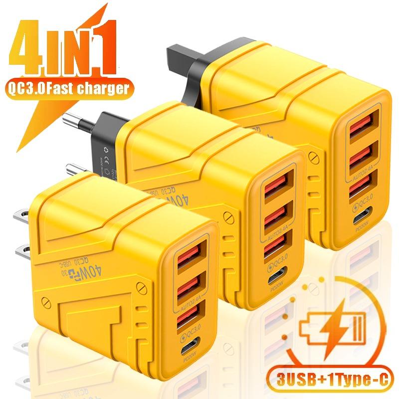 

40W USB зарядний пристрій типу C телефон швидкий зарядний пристрій 3 USB 1PD QC 3.0 стінний зарядний пристрій для iPhone 16 15 14 Pro Max Samsung Xiaomi Huawei US Plug жовтий