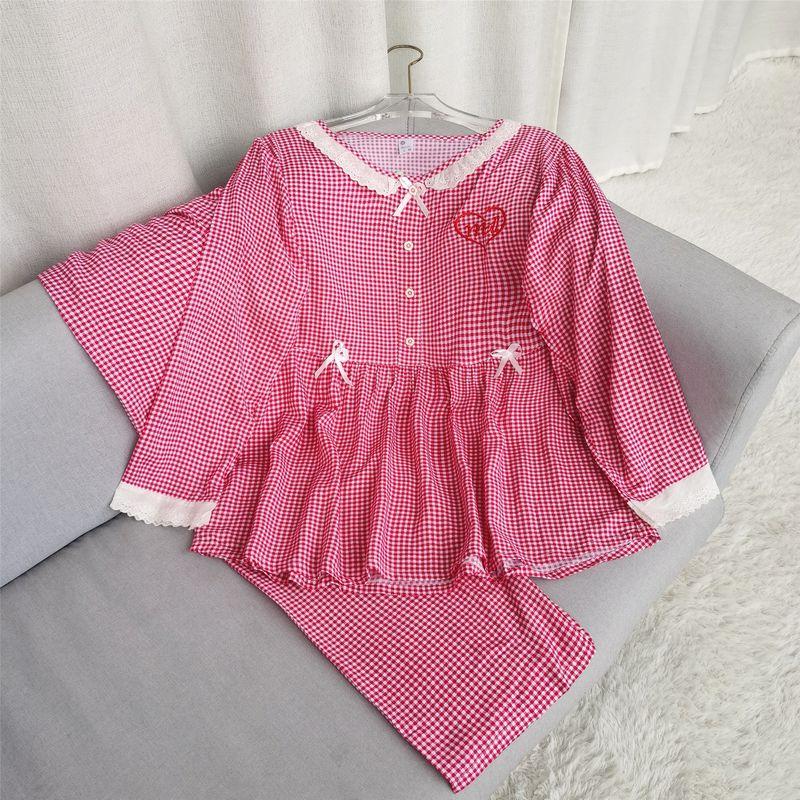 

Japanese Style Sweet Fresh Gingham Pajamas Women s Spring & Fall Thin Cotton Silk Loose Plus Size Rayon Home Wear Suit Red L