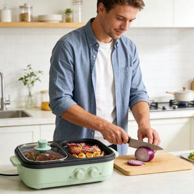 Electric Hot Pot Grill Pan 2-in-1 Non-Stick Hot Pot Frying Pan with Glass Lid Fast Heating Dual Temperature Control