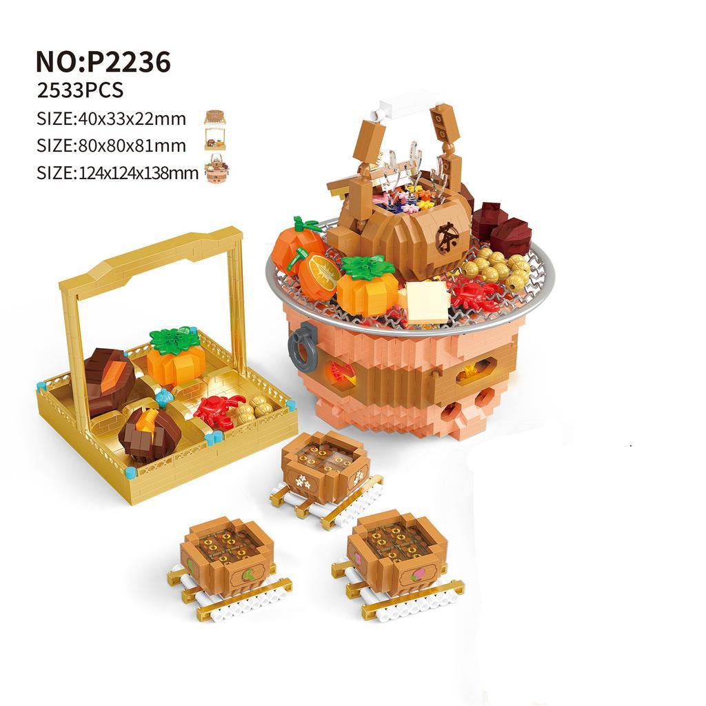Cozinhar chá ao redor do fogão Blocos de construção montados com micropartículas Ornamentos chineses Brinquedos educativos para crianças