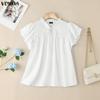 VONDA Women Summer Casual Round Neck Short Sleeve Ruffled Pleating Blouse